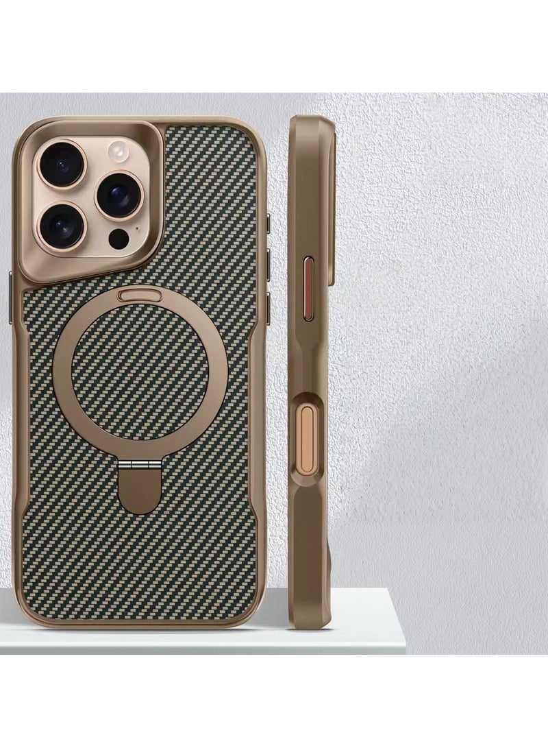 عام غطاء iPhone 16 Pro Max بتصميم ألياف الكربون - مزود بحامل مدمج ووظيفة مغناطيسية - تركيب دقيق - مقاوم للسقوط والتآكل