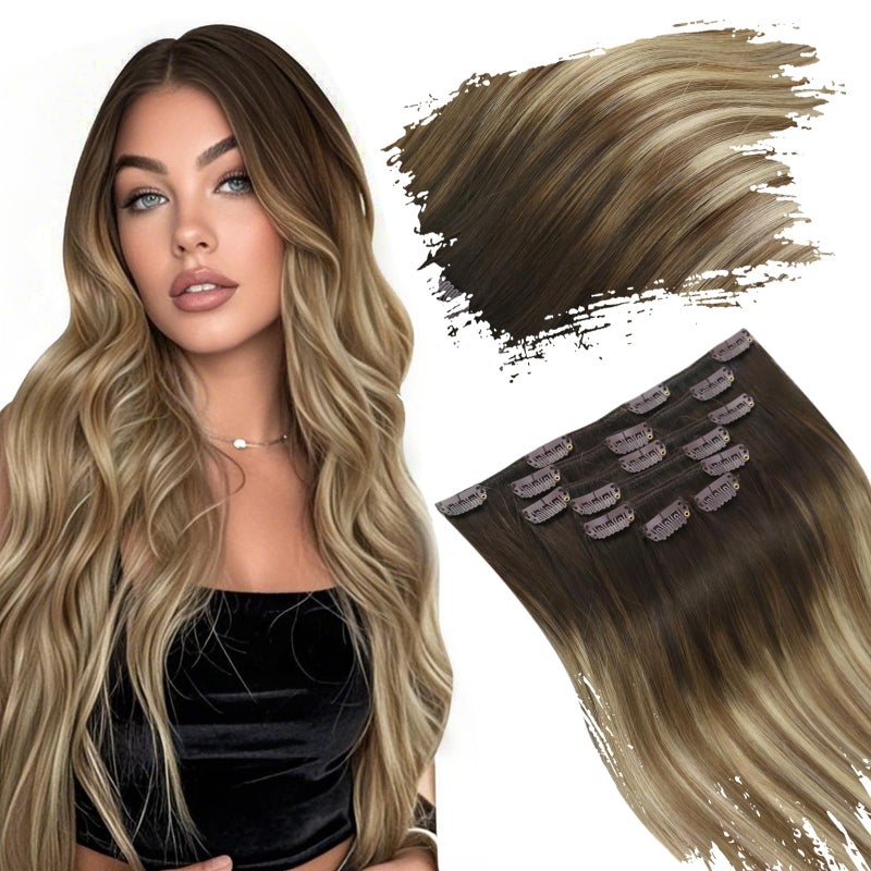 Ugeat Clip in Hair Extensions Real Human Hair Chocolate Brown Ombre Medium Brown with Blonde Clip in Hair Extensions Balayage Straight Softness Full Head 20 Inch 7pcs 120g