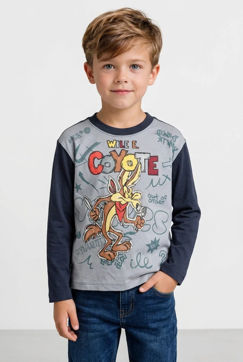 او في اس OVS Grey Pure Cotton Looney Tunes Print T-Shirt For Boys