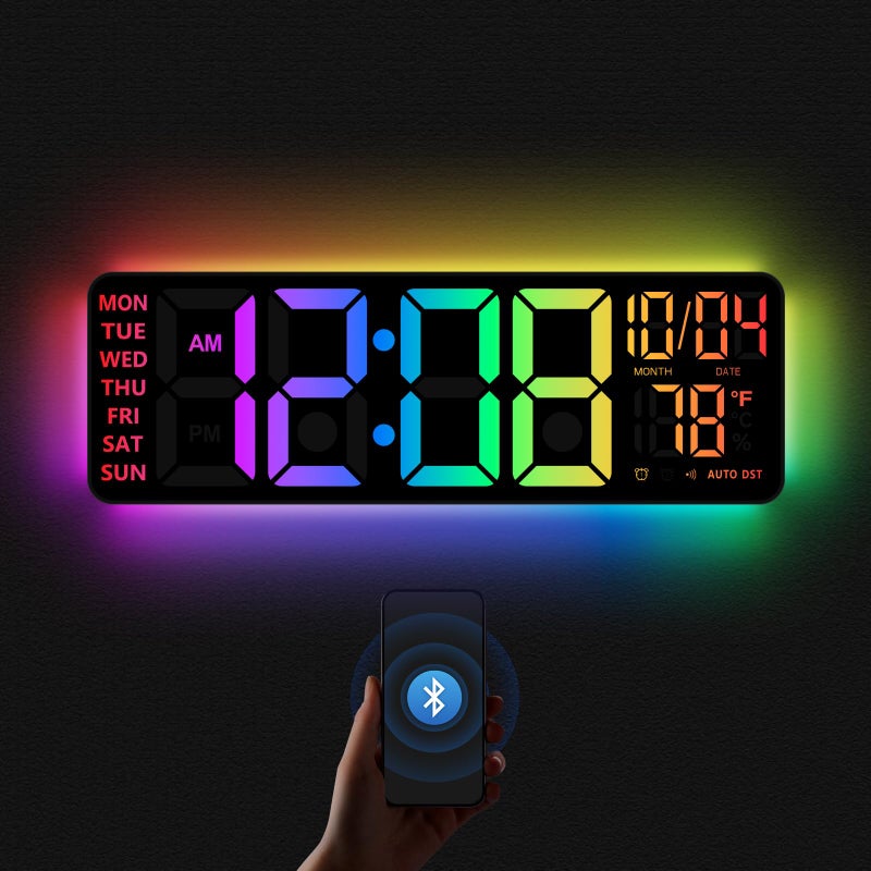 16 Digital Wall Clock with Night Light Digital Clock with RGB Colors Changing Remote Control Dual Alarm Dimmer Auto DST Voice Control Auto Time Sync Clocks for Living Room Gift for Elderly