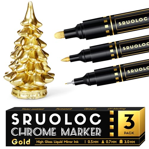 SRUOLOC 3Pcs Liquid Gold Paint Markers, Oil-based Permanent Chrome Maker, Gloss Mirror Marker Repairing, Reflective Metallic Pen Markers for Touch Up Model Painting DIY Art Projects, Gold - Image 1
