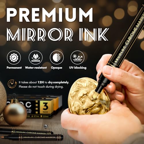 SRUOLOC 3Pcs Liquid Gold Paint Markers, Oil-based Permanent Chrome Maker, Gloss Mirror Marker Repairing, Reflective Metallic Pen Markers for Touch Up Model Painting DIY Art Projects, Gold - Image 5