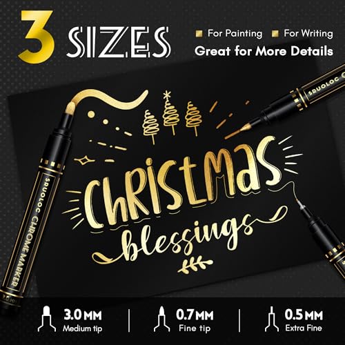SRUOLOC 3Pcs Liquid Gold Paint Markers, Oil-based Permanent Chrome Maker, Gloss Mirror Marker Repairing, Reflective Metallic Pen Markers for Touch Up Model Painting DIY Art Projects, Gold - Image 2