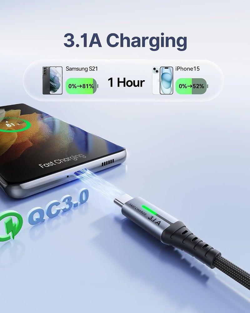 كابل INIU USB C، [عبوة من 3، 2+2+0.5 متر] 3.1 أمبير QC 3.0 شاحن نوع C سريع الشحن، كابلات USBC متينة من النايلون لأجهزة iPhone 16 15 Pro Max Samsung Galaxy S23 S22 Plus Note 10 Google Pixel OnePlus - Image 3