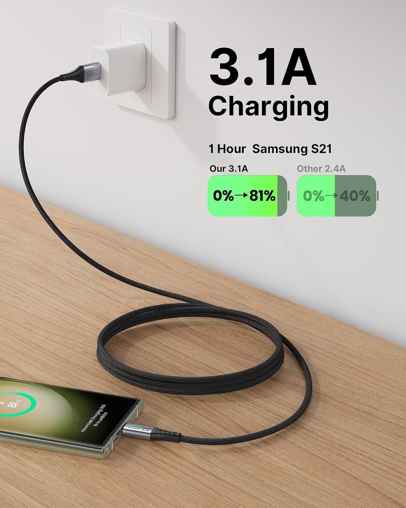 كابل INIU USB C، [عبوة من 3، 2+2+0.5 متر] 3.1 أمبير QC 3.0 شاحن نوع C سريع الشحن، كابلات USBC متينة من النايلون لأجهزة iPhone 16 15 Pro Max Samsung Galaxy S23 S22 Plus Note 10 Google Pixel OnePlus - Image 2