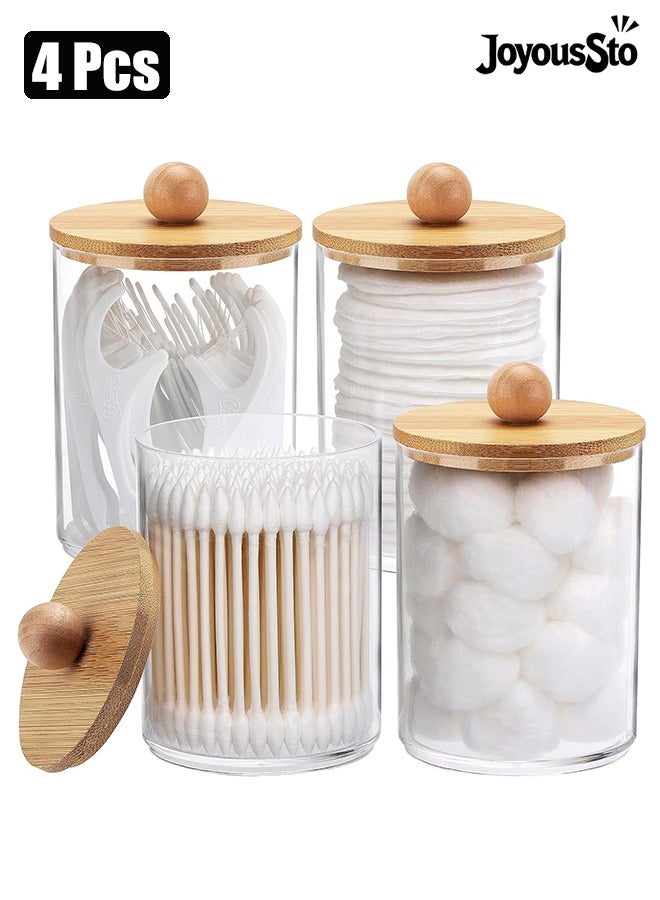 متجر الفرح 4 قطع من حامل أعواد القطن مع أغطية من الخيزران، عبوات بلاستيكية شفافة سعة 10 أونصات لتخزين منظم المكياج - مجموعة إكسسوارات الحمام من أعواد القطن، والكرة، والوسادات، وخيط تنظيف الأسنان - Image 1