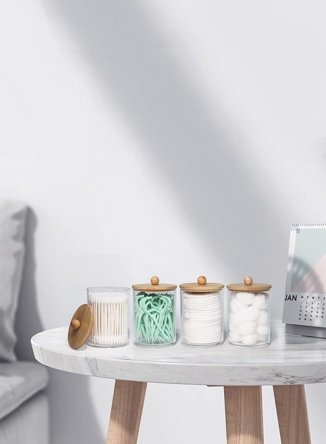 متجر الفرح 4 قطع من حامل أعواد القطن مع أغطية من الخيزران، عبوات بلاستيكية شفافة سعة 10 أونصات لتخزين منظم المكياج - مجموعة إكسسوارات الحمام من أعواد القطن، والكرة، والوسادات، وخيط تنظيف الأسنان - Image 3