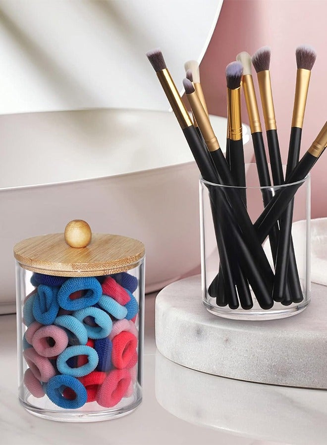 متجر الفرح 4 قطع من حامل أعواد القطن مع أغطية من الخيزران، عبوات بلاستيكية شفافة سعة 10 أونصات لتخزين منظم المكياج - مجموعة إكسسوارات الحمام من أعواد القطن، والكرة، والوسادات، وخيط تنظيف الأسنان - Image 4