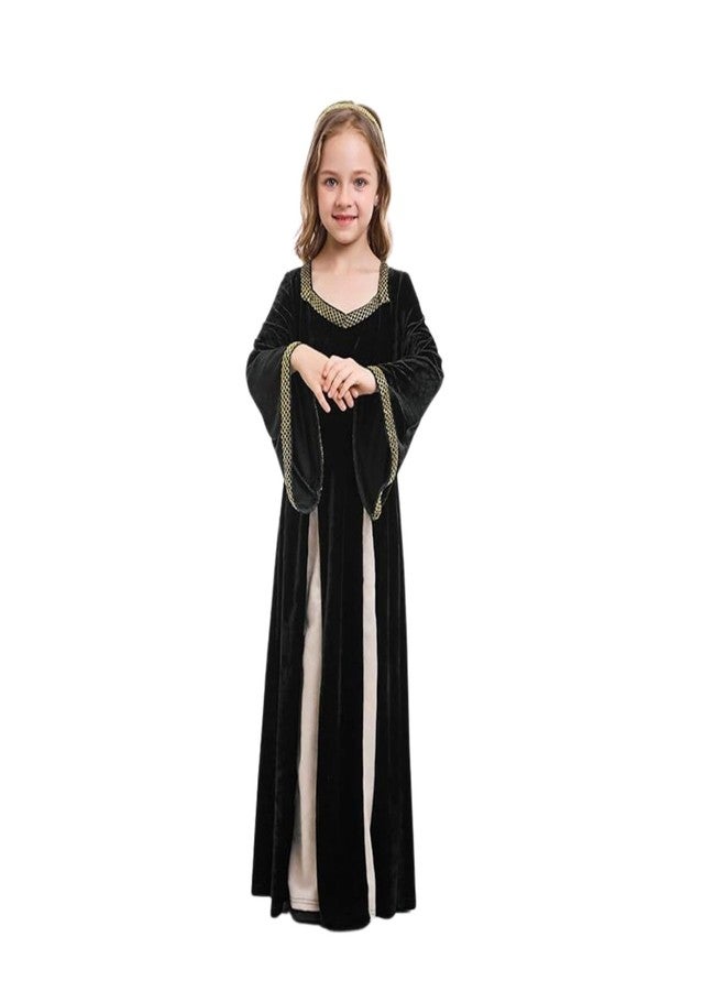 GRAJTCIN Girls Medieval Dress Renaissance Princess for Kids Halloween Outfit Costume Flared Sleeve 2 PCS Black 4-6Y - Image 4