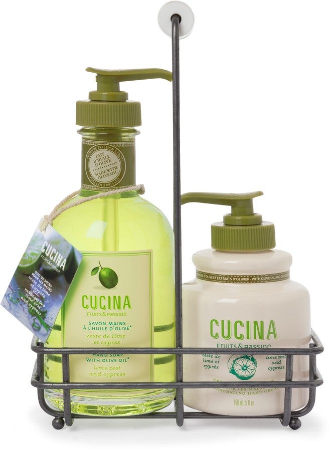 Cucina Fruits & Passion Cucina Hand Care Duo Gift Set – Lime Zest & Cypress, Hand Soap and Regenerating Hand Cream with Cold-Pressed Olive Oil,Includes Metal Holder, 6.7 fl oz + 5.0 fl oz - Image 1