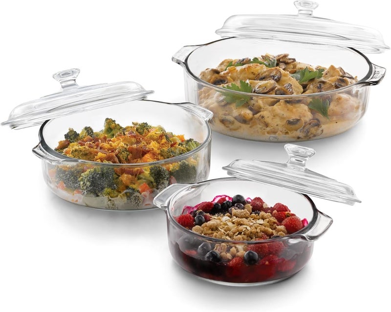 LIBBEY مجموعة أطباق كسرولة زجاجية 3 قطع مع أغطية زجاجية من بيكرز بيزكس - Image 1