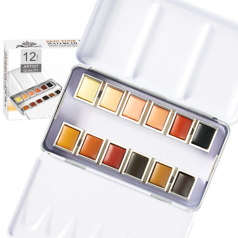 PHOENIX Skin Tone Watercolor Paint Set 12 Flesh Colors Artist Grade Half Pans Palette Portrait Colors Watercolor Travel Set for Adults Professional Artists