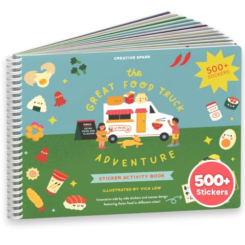 CUPKIN Sticker Book for Kids 2-4, 500+ Kids Stickers, Food Truck Adventure 12 Coloring Pages 12 Side by Side Scenes Fun Toddler Travel Activity Coloring and Sticker Books for Ages 4-8 + 8-10 - Image 1