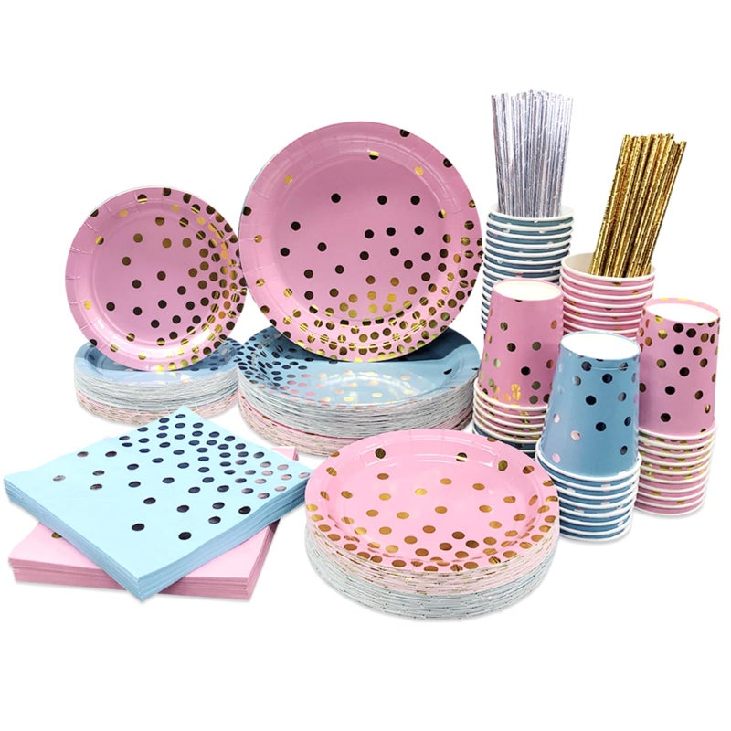 Ottin 250PCS Pink Blue Paper Plates Napkins Party Supplies Decorations for Gender Reveal Party Wedding Engagement Birthday Easter Earth Day Mothers Day Fathers Day Passover