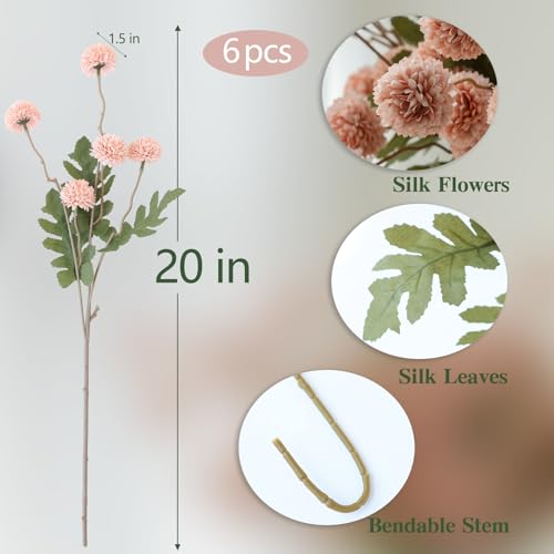 mizii 6Pcs Pink Fake Silk Pompon Mum Artificial Flowers Bulk Small Faux Chrysanthemums with Stems Realistic Floral Decorations for Wedding DIY Bouquet Centerpieces Shower Vase Home Decor (Light Pink) - Image 2