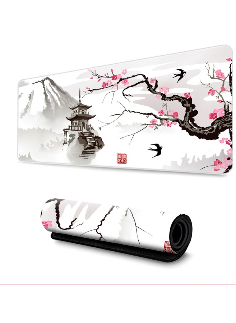 Plum Mousepad large game computer Mousepad, Gaming Mouse Pad Black and White Plum Bossom Cherry Blossom, Extended Large Mouse Mat Desk Pad, Stitched Edges Mousepad, Long Non-Slip Rubber Base Mice Pad - Image 1