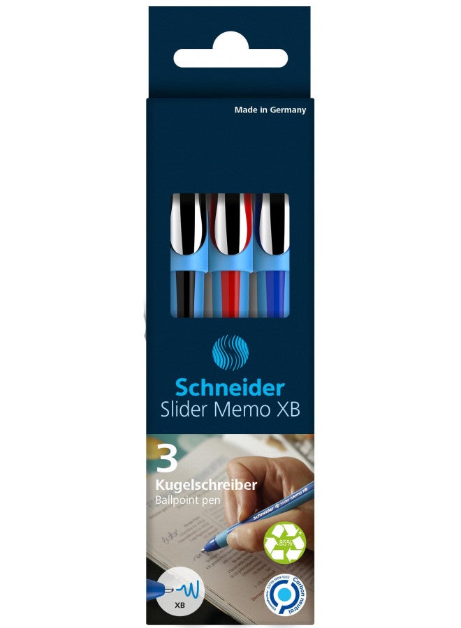 Stride Schneider Slider Memo XB (Extra Broad) Ballpoint Pen, 1.4 mm, Light Blue Barrel, Assorted Ink Colors, Pack of 3 Pens: Black, Red, Blue (150293) - Image 2