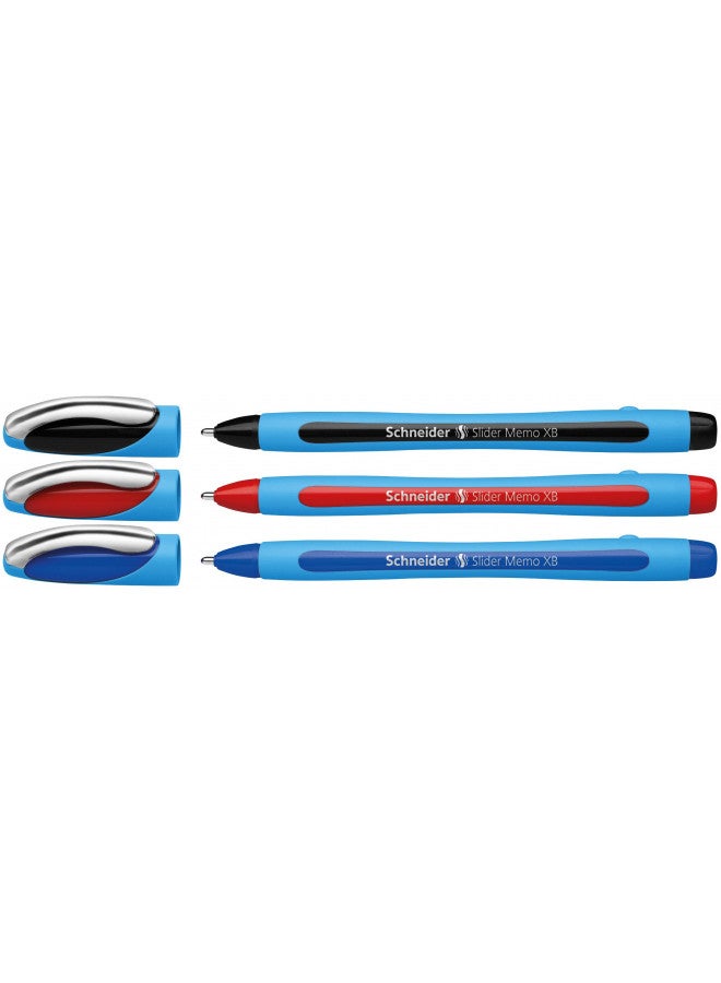 Stride Schneider Slider Memo XB (Extra Broad) Ballpoint Pen, 1.4 mm, Light Blue Barrel, Assorted Ink Colors, Pack of 3 Pens: Black, Red, Blue (150293) - Image 1
