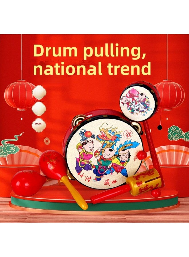Chinese Style Traditional National Tide Baby Red Rattle Drum Baby Children's Tambourine Old-fashioned Toy Early Education Hand-cranked Tambourine-Color:Auspicious Hand Drum Five-piece Set - Image 2