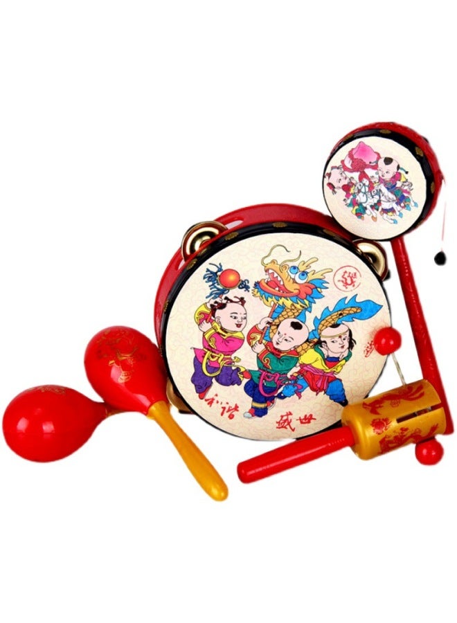 Chinese Style Traditional National Tide Baby Red Rattle Drum Baby Children's Tambourine Old-fashioned Toy Early Education Hand-cranked Tambourine-Color:Auspicious Hand Drum Five-piece Set - Image 4