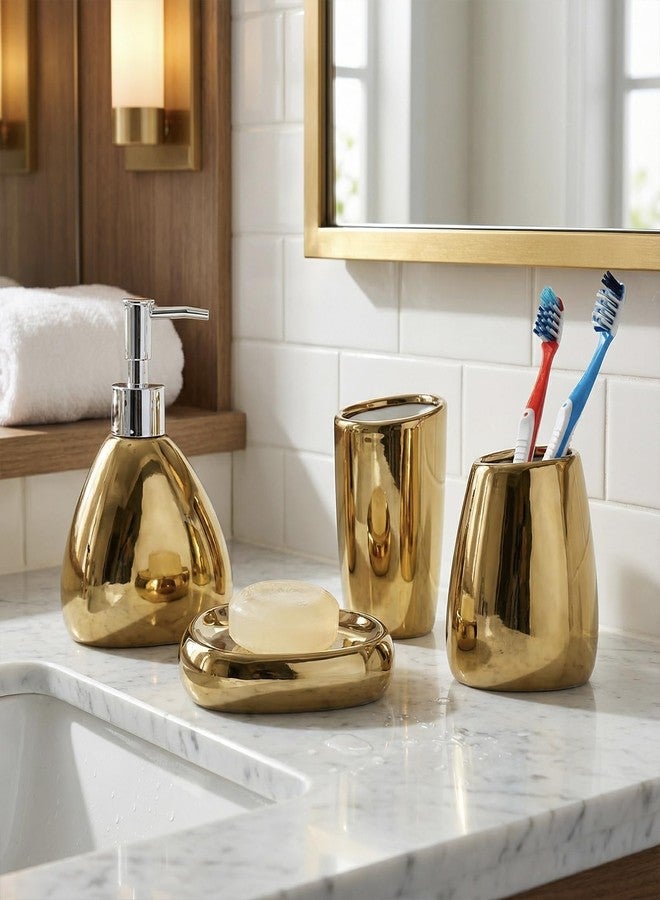 MyGift 4 Pcs Gold Bathroom Accessories Set with Toothbrush Holder, Soap Dispenser, Tumbler and Soap Dish, Bathroom Organizer Accessory for Modern Home Decor, Complete Ceramic - Image 5