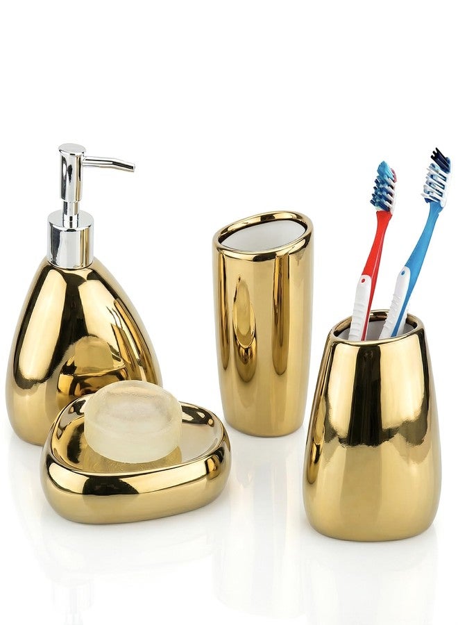 MyGift 4 Pcs Gold Bathroom Accessories Set with Toothbrush Holder, Soap Dispenser, Tumbler and Soap Dish, Bathroom Organizer Accessory for Modern Home Decor, Complete Ceramic - Image 1