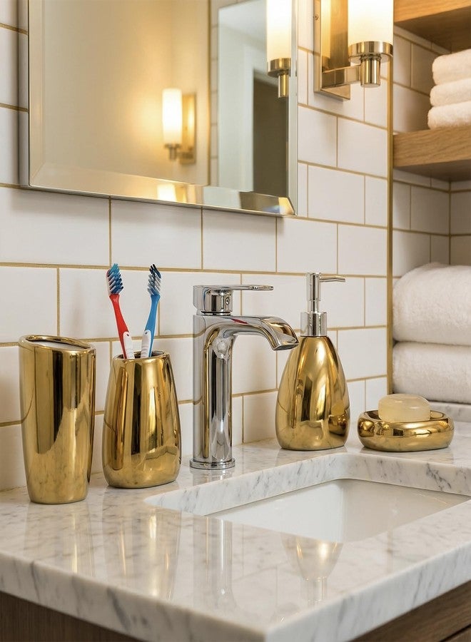 MyGift 4 Pcs Gold Bathroom Accessories Set with Toothbrush Holder, Soap Dispenser, Tumbler and Soap Dish, Bathroom Organizer Accessory for Modern Home Decor, Complete Ceramic - Image 2