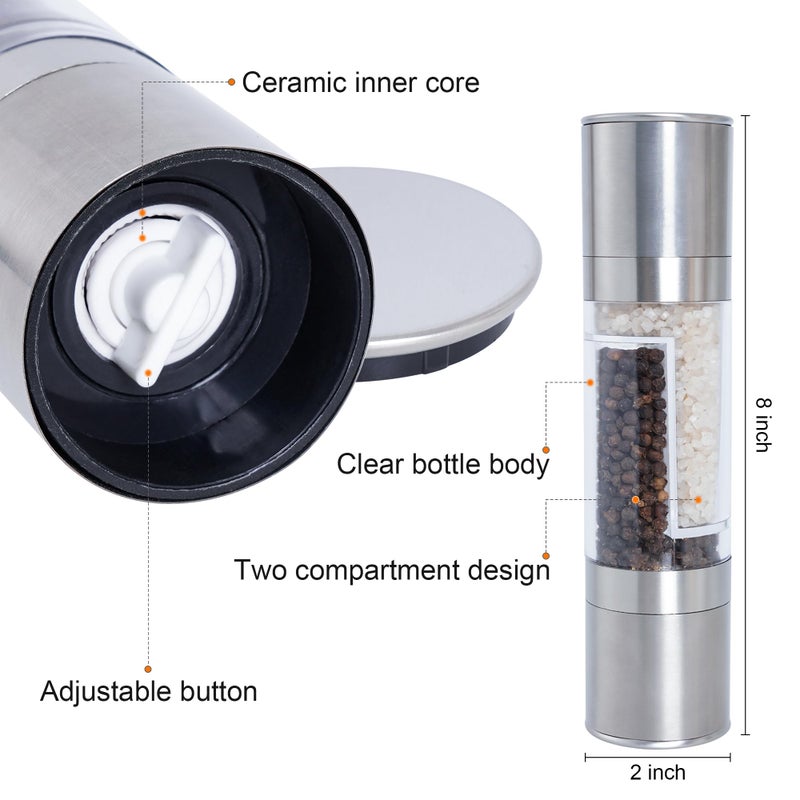 Miayon 2 in 1 Salt and Pepper Grinder Stainless Steel Manual Pepper Mill Adjustable Coarseness Ceramic Spice Grinder Dual Refillable Salt Pepper Mill Shaker for Camping Travel Outdoor Home BBQ - Image 2