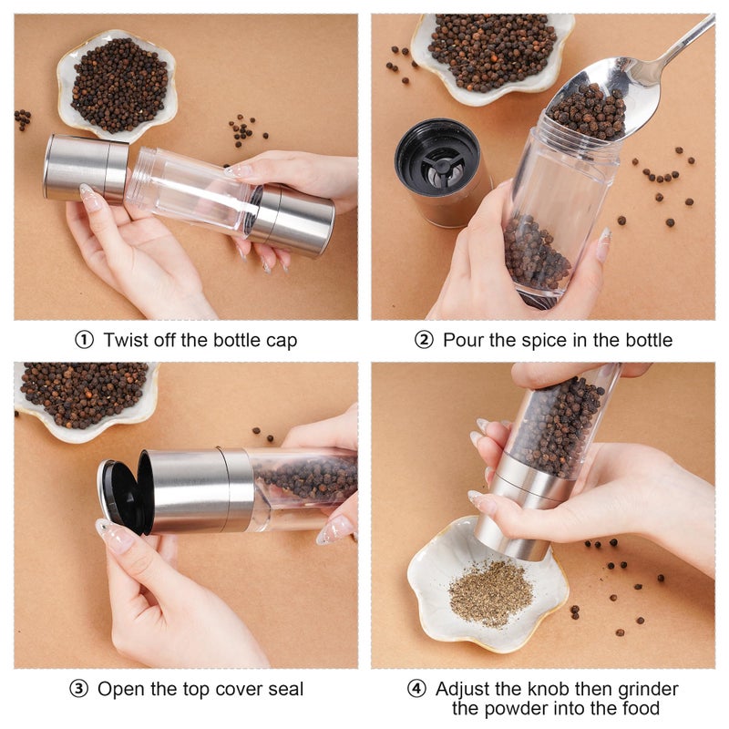 Miayon 2 in 1 Salt and Pepper Grinder Stainless Steel Manual Pepper Mill Adjustable Coarseness Ceramic Spice Grinder Dual Refillable Salt Pepper Mill Shaker for Camping Travel Outdoor Home BBQ - Image 4