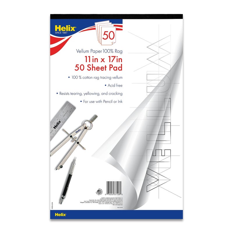 Maped Helix - 100% Rag Vellum Paper Pad - 11 Inch x 17 Inch - 50 Sheet Pad - Acid-Free - Drafting, Art, Sketching and Tracing - Image 1