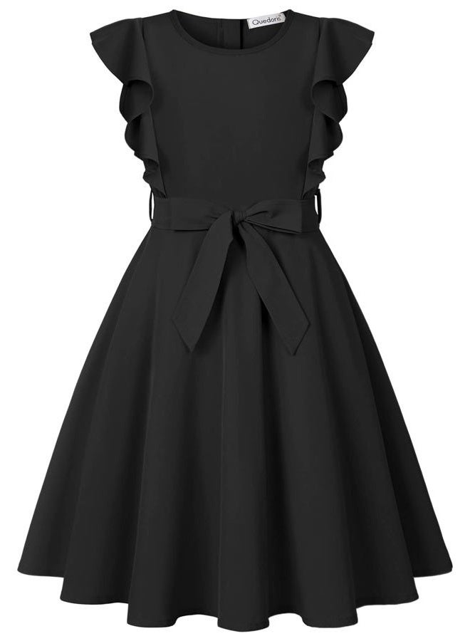 Quedoris Girls Ruffle Trim Sleeveless Dress Print and Solid Color A-line Swing Flared Belted Casual Party Dress with Zipper, Black, 11-12 Years - Image 2