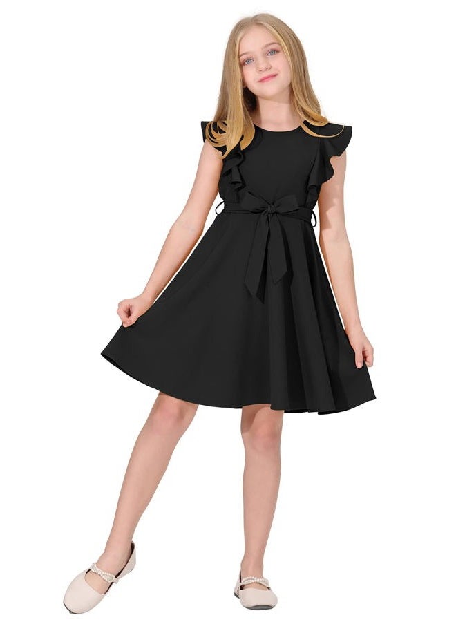 Quedoris Girls Ruffle Trim Sleeveless Dress Print and Solid Color A-line Swing Flared Belted Casual Party Dress with Zipper, Black, 11-12 Years - Image 3