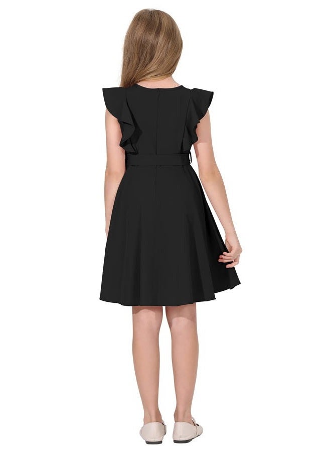 Quedoris Girls Ruffle Trim Sleeveless Dress Print and Solid Color A-line Swing Flared Belted Casual Party Dress with Zipper, Black, 11-12 Years - Image 4