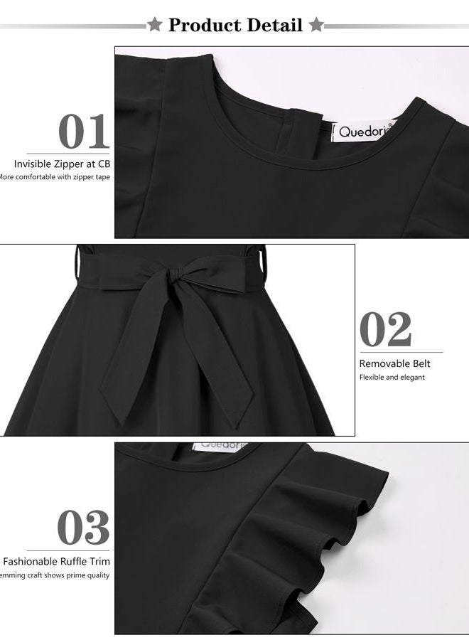 Quedoris Girls Ruffle Trim Sleeveless Dress Print and Solid Color A-line Swing Flared Belted Casual Party Dress with Zipper, Black, 11-12 Years - Image 5