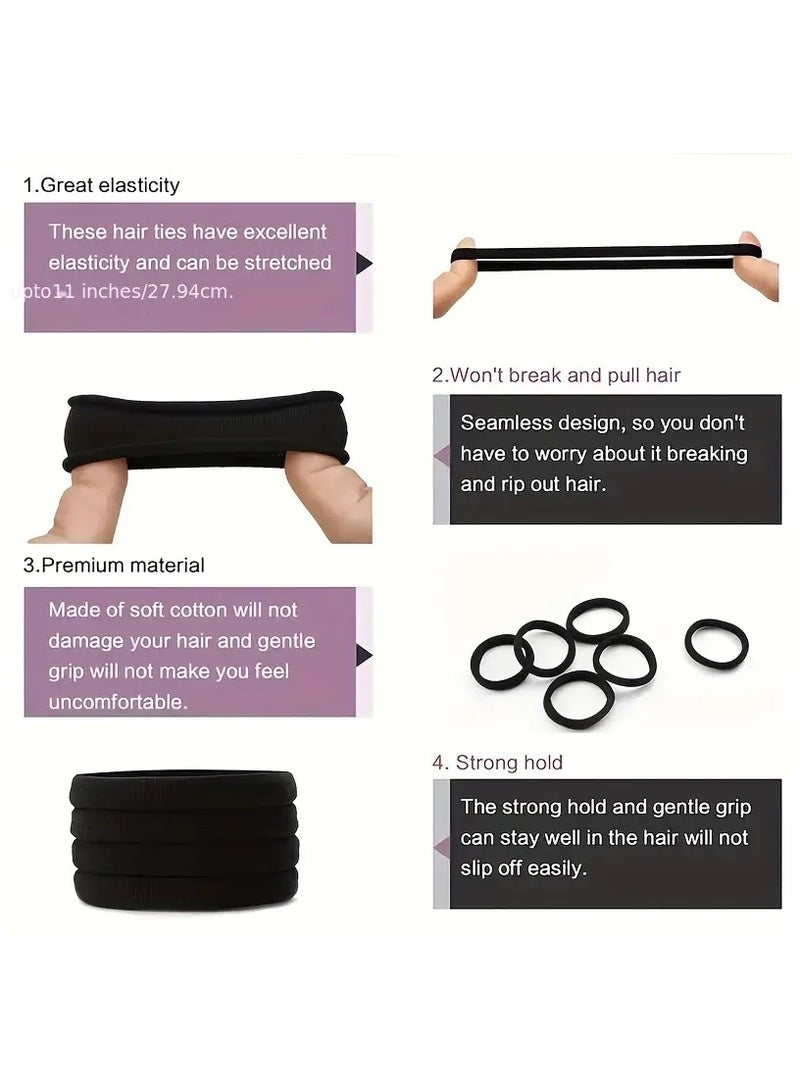 100PCS Hair Ties Black Large Stretch No Damage Ponytail Cotton Seamless Hair Ties Elastic for Women Thick Heavy Curly Hair - Image 4