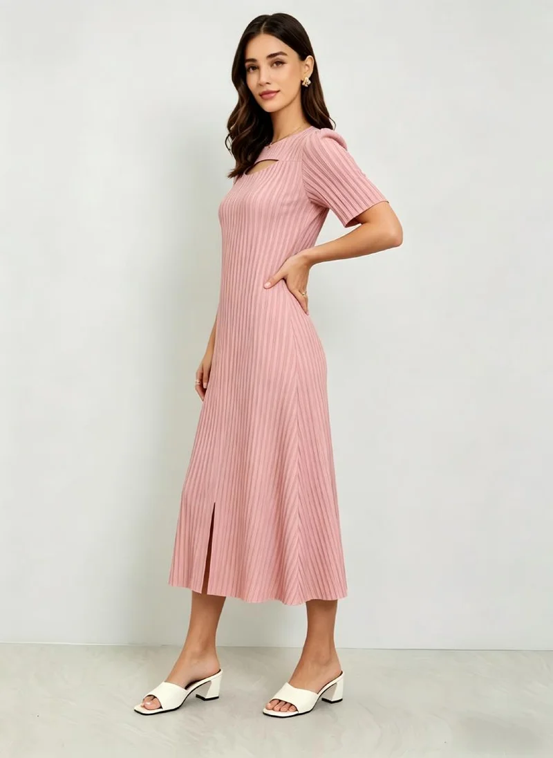 Take Two Pink Short Sleeves Pleated A-Line Midi Dress