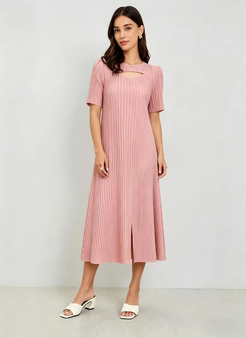Take Two Pink Short Sleeves Pleated A-Line Midi Dress