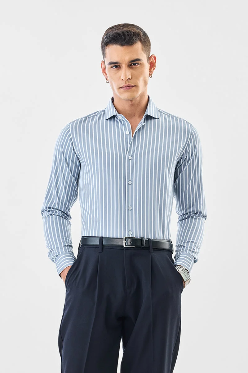 SNITCH Light Blue Striped Long Sleeve Slim Fit Formal Luxe Shirt