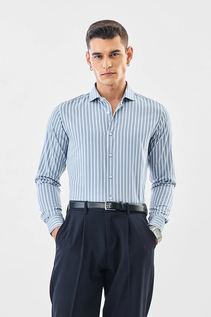 SNITCH Light Blue Striped Long Sleeve Slim Fit Formal Luxe Shirt