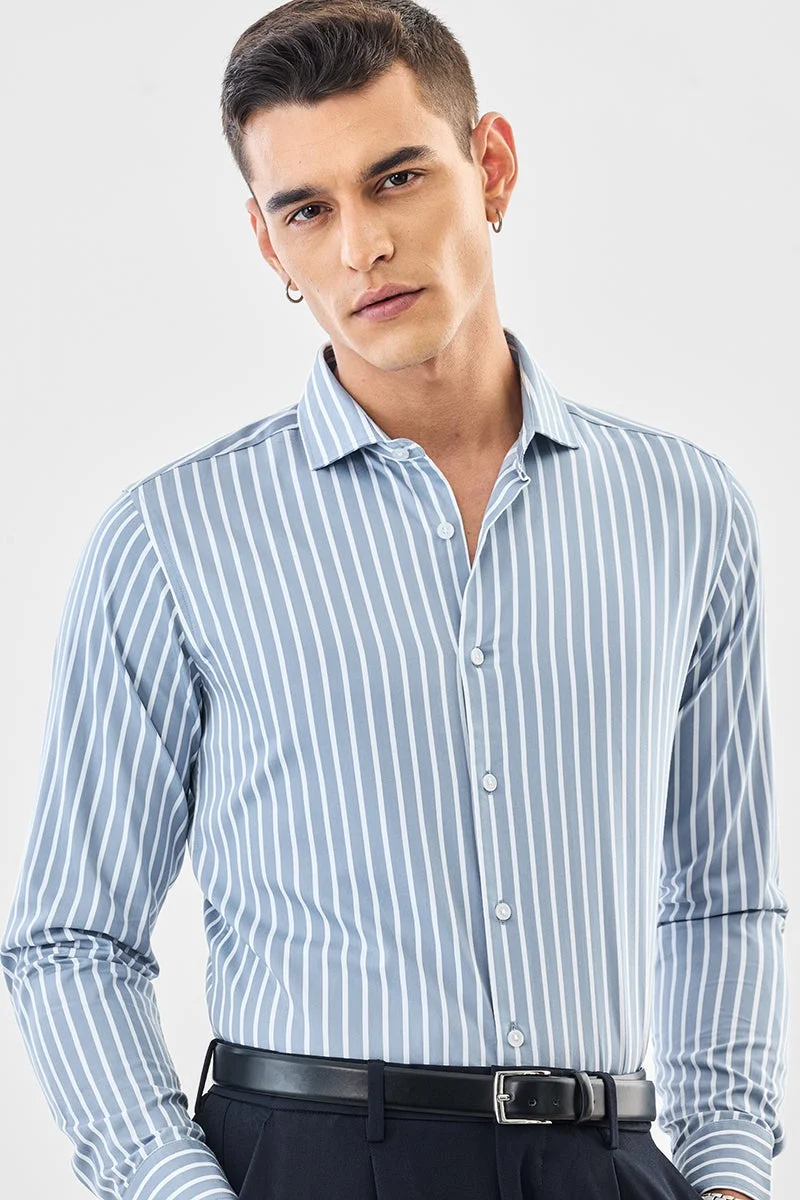 SNITCH Light Blue Striped Long Sleeve Slim Fit Formal Luxe Shirt