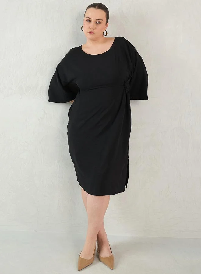 Femmella  Femmella Plus Size Black Knot Detail Knee Length Dress for Women | Best Price UAE