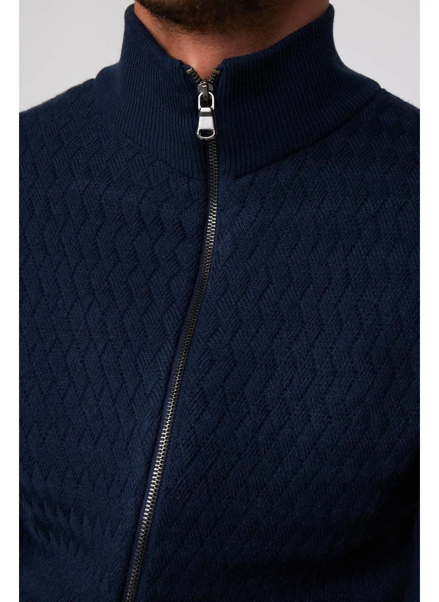 Tudors Slim Fit Patterned Stand Collar Zippered Navy Blue Men's Cardigan