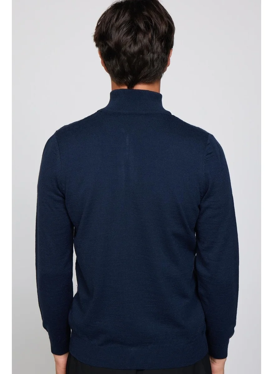Tudors Slim Fit Patterned Stand Collar Zippered Navy Blue Men's Cardigan