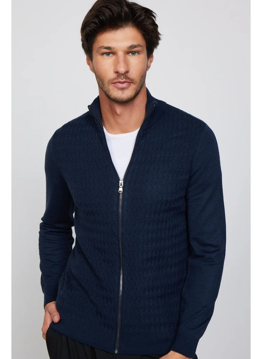 Tudors Slim Fit Patterned Stand Collar Zippered Navy Blue Men's Cardigan