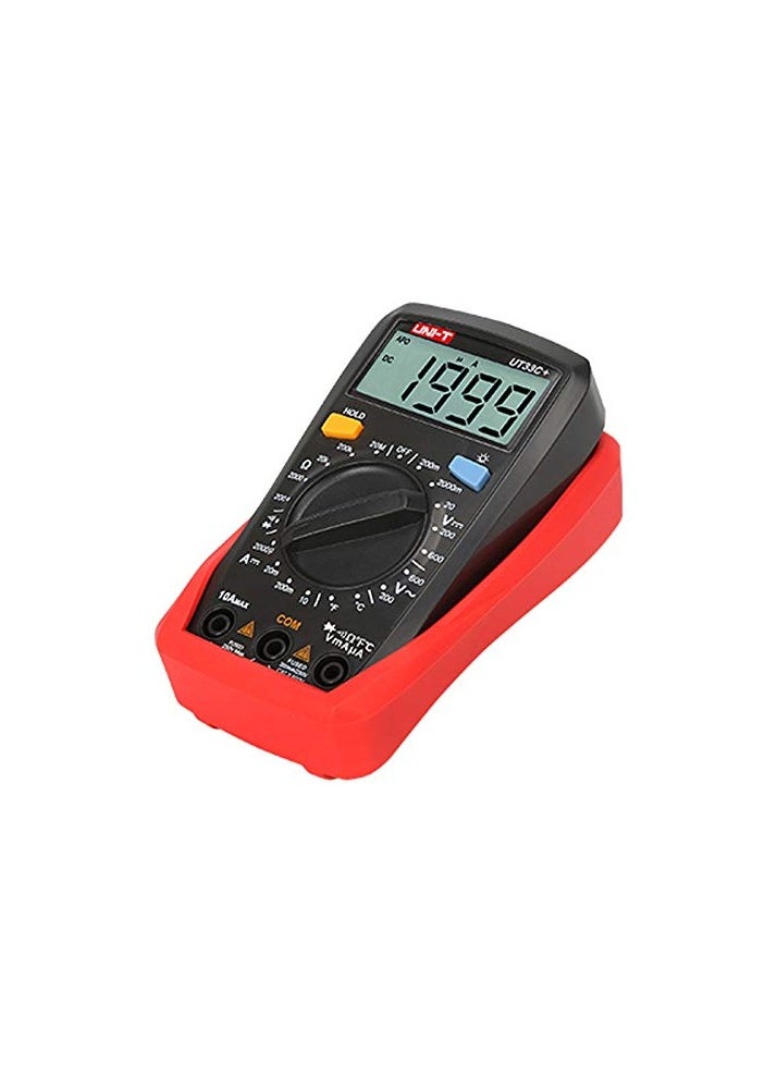 Digital multimeter UT33C+ measuring DC/AC voltage: 200mV/2V/20V/200V/600V, DC current, resistance, and temperature. VoltMaster