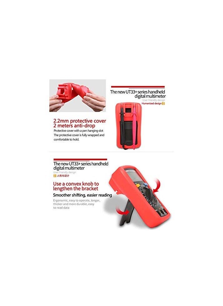 Digital multimeter UT33C+ measuring DC/AC voltage: 200mV/2V/20V/200V/600V, DC current, resistance, and temperature. VoltMaster