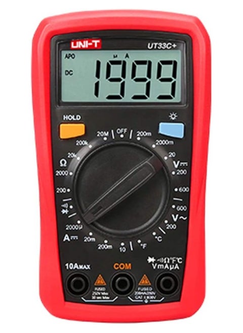 Digital multimeter UT33C+ measuring DC/AC voltage: 200mV/2V/20V/200V/600V, DC current, resistance, and temperature. VoltMaster