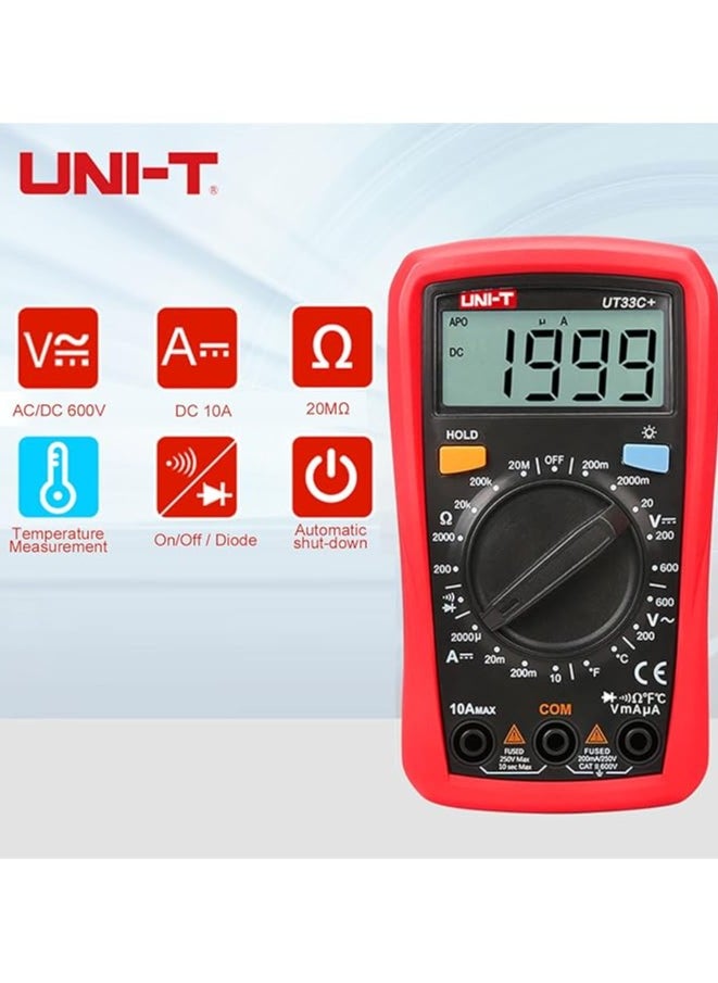 Digital multimeter UT33C+ measuring DC/AC voltage: 200mV/2V/20V/200V/600V, DC current, resistance, and temperature. VoltMaster