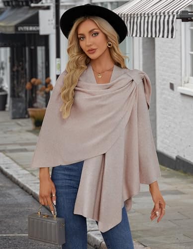PULI Womens Large Cross Front Poncho Sweater Wrap Topper Knitted Elegant Shawls Cape for Fall Winter Oatmeal - Image 5