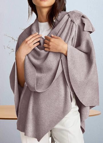 PULI Womens Large Cross Front Poncho Sweater Wrap Topper Knitted Elegant Shawls Cape for Fall Winter Oatmeal - Image 4